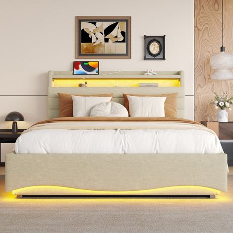 Lit double-LED intégré-mécanisme hydraulique-ports USB/Type-C-rangements-étagères-tissu lin-beige-141x212x110cm-sans matelas (1/5)