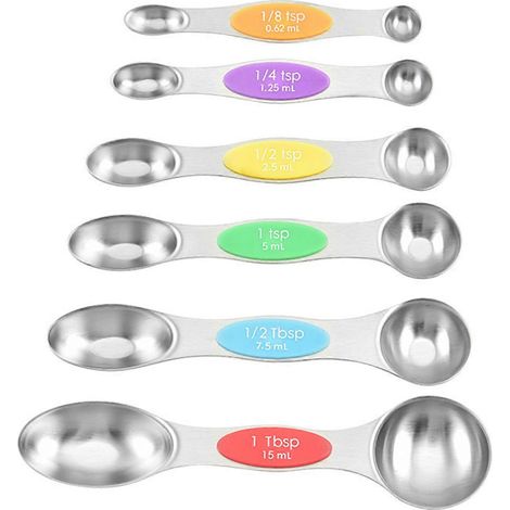 Ensemble de 6 cuillères doseuses magnétiques en acier inoxydable à double extrémité pour ingrédients secs et liquides, empilables, outil de cuisine précis pour la pâtisserie et la cuisine. Multicolore (1/5)