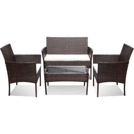 SWANEW Set di mobili da giardino in resina intrecciata - 4 posti - Divano + Poltrona + Tavolo + Cuscini per seduta Marrone (1/5)