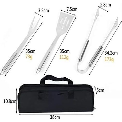 BBQ-Grillbesteck-Set, Edelstahl-Grillutensilien-Set mit Tragetasche, Pfannenwender, Zange und Gabel, BBQ-Zubehör für Grillen, Kochen im Freien, Camping (3-teilig) (1/4)