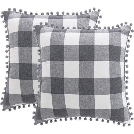 Housse de Coussin à Carreaux Lot de 2 Housse de Coussin Décorative avec Pompons Housse de Coussin Décorative 45x45cm avec Fermeture Éclair Cachée Gris et Blanc (1/5)