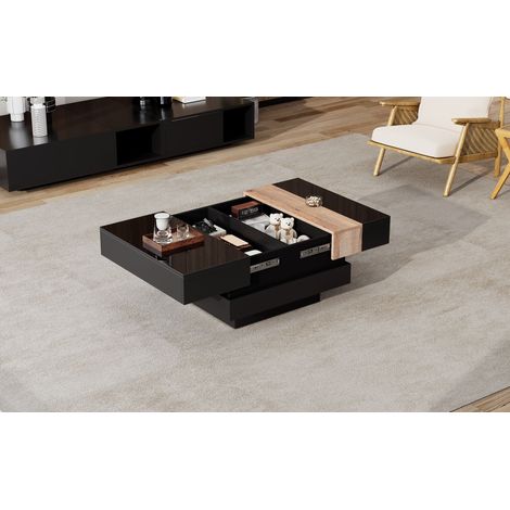 Table de salon carrée de 70×70×39 cm. Table basse dépliable avec espace de rangement intégré. Design en bois coloré pour la table à thé. Table basse en mélamine brillante, noire. (1/5)