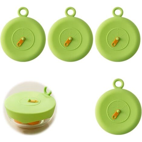 Couvercles en Silicone Alimentaire Réutilisables - Lot de 4 (10 cm) - Étanches et Étirables avec Marqueur d'Heure - Sans BPA - Pour Tasses, Verres, Boîtes et Canettes (Vert) (1/5)