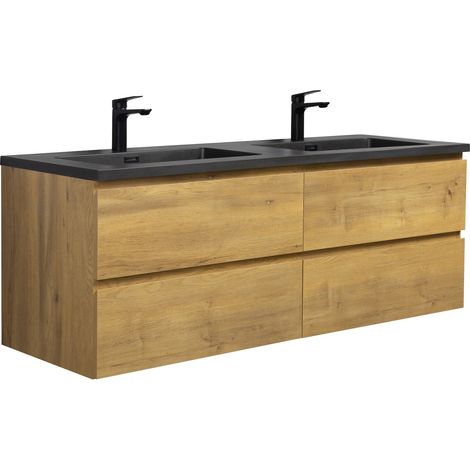 Badezimmer Badmöbel-Set Angela 140 cm - Schwarzes Waschbecken - (1/5)