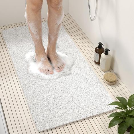 Tapis de Douche Antiderapant, 88 x 40cm Long Tapis de Baignoire Antidérapant, Loofah en PVC Souple Tapis Antidérapant Baignoire, sans Ventouse Tapis de Bain, Séchage Rapide, Blanc (1/5)