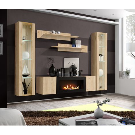 Ensemble meuble TV mural Fly M2 avec cheminée bioéthanol et vitrine LED - Bois MDF chêne Hickory Jackson - 260 x 170 x 40 cm - Livraison gratuite (1/3)