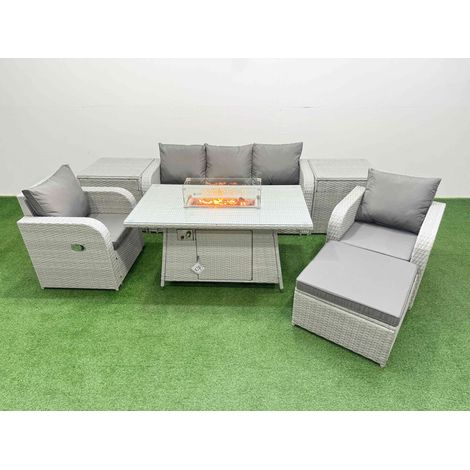 Fimous PE Rattan Garden Furniture Set Reclining Chair Sofa Lounge Sofa Set Firepit Dining Table 2 Side Table Big Footstool Light Grey (1/4)