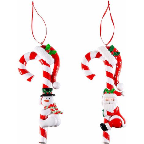 Addobbo albero a bastoncino di zucchero con personaggio natalizio in pasta di resina lucida da appendere, set da 8 pezzi, cm 8,5 x 17,5 H