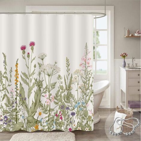 Extra long shower curtain 72" x 72" long, vintage floral tall shower curtain fabric, colorful spring wildflower grass, shabby chic aesthetic shower curtain (1/5)