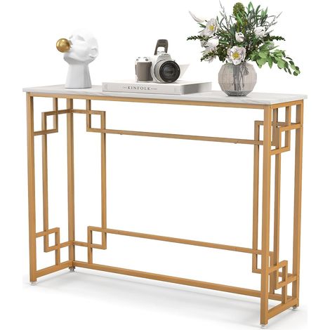 COSTWAY Tavolo Consolle Moderno, Tavolo da Ingresso Stretto con Cornice Geometrica Dorata, Piano Effetto Marmo Bianco e Dispositivo Anti-Ribaltamento, 110 x 30 x 81 cm