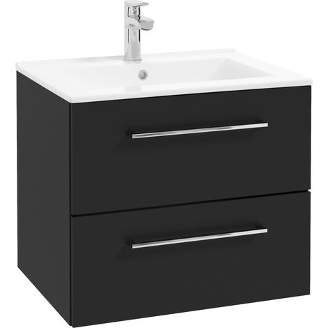 Meuble de Salle de Bain avec Lavabo - 60 x 45 cm - Noir Mat - 2 Tiroirs - Soft Close