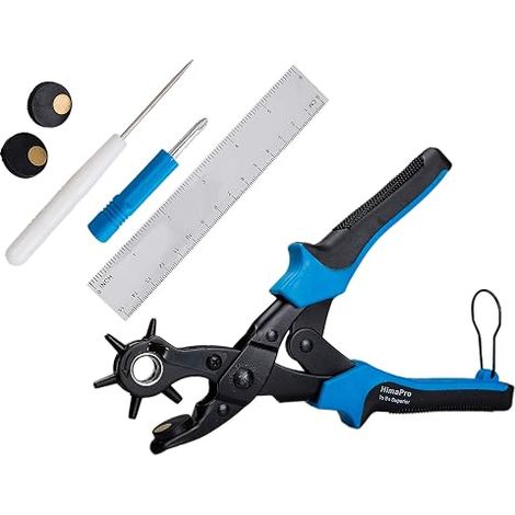 Pince Perforatrice Rotative pour Cuir – Ceintures, Colliers pour Chien, Chaussures et Bracelets de Montre – Avec Règle Graduée, 2 Plaques de Rechange et Foret Métal (1/5)