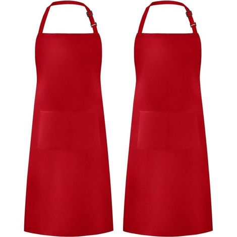 Delantales ajustables resistentes al agua (paquete de 2) con 2 bolsillos para asar y dibujar, para mujeres y hombres, color rojo (1/4)