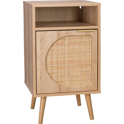 Table de chevet. Eva. décor bois et cannage arrondi. une porte. un espace de rangement. L40 x l39 x H65.8cm (1/5)