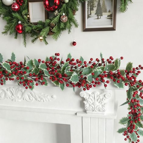 Guirlande Artificielle - Rattan Faux Fruit Rouge et Feuilles Vertes - Décoration Porte Mur Noël - 180 cm - 1 Pièce (1/5)