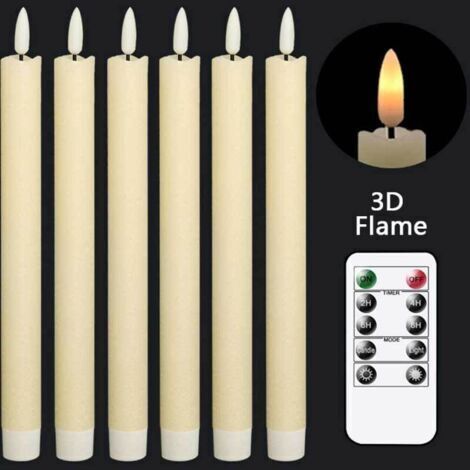 Bougies coniques ivoires sans flamme vacillante avec télécommande à 10 touches, bougies de fenêtre à mèche 3D chaude à piles, cire véritable, lot de 6 (0,8 x 10 pouces) (1/3)