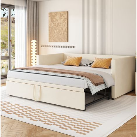 Cama sofá tapizada extensible moderna 90x200/180x200 cm, terciopelo beige, con respaldo, reposabrazos y somier de láminas (1/5)