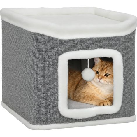 PawHut Cat House for Indoor Kittens, 2-Level Cat Cave Bed, Grey
