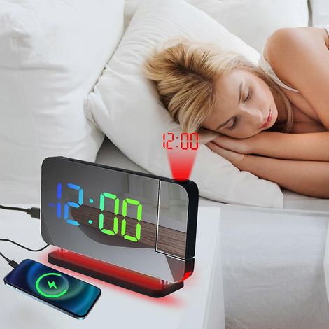 Réveil projecteur intelligent avec fonction de charge, affichage LED de la température et de l'humidité, compatible avec la charge des téléphones portables, noir. (1/5)