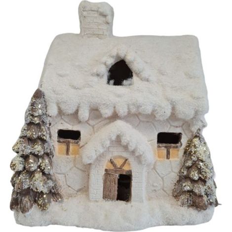 Capanna casa "Poly" per natività presepe natalizio con pini e LED h 34 cm
