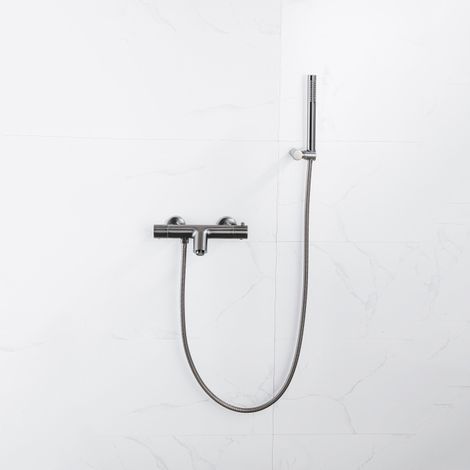 Fortifura Calvi Robinet de baignoire thermostatique avec douchette stick, support et flexible en métal Gunmetal PVD (1/2)