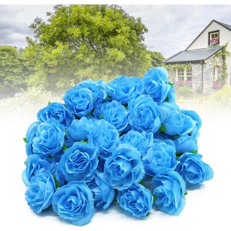 50 künstliche Rosenköpfe, dekorativ, wiederverwendbar, aus Seide, künstliche Rosen, Hochzeitsblumen, blau (1/5)