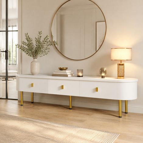 Mueble TV 190x38x48 cm negro y madera natural, MDF con 2 puertas y 2 cajones (1/5)