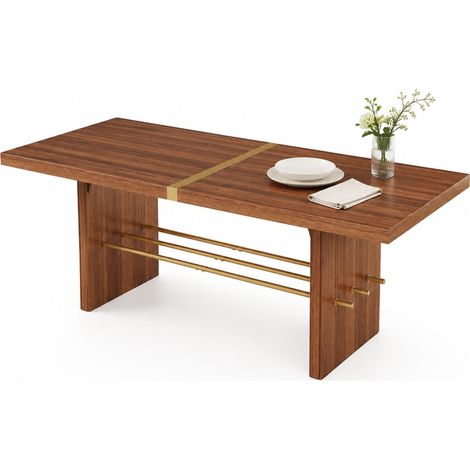 Table à manger 180 x 75 cm pour 6 à 8 personnes, plateau 4 cm, bois foncé et détails dorés, résistante à l’eau et aux rayures, design moderne - CHICFURN (1/5)
