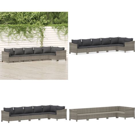 6-tlg. Garten-Lounge-Set mit Kissen Grau Poly Rattan - Rattan - Gartenmöbel (1/5)
