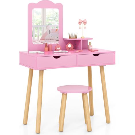 Set de coiffeuse et chaise pour enfants avec miroir et 2 grands tiroirs de rangement - rose (1/5)