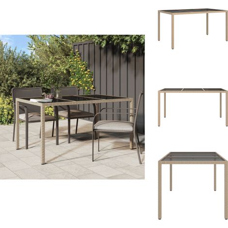 Gartentisch 150x90x75 cm Gehärtetes Glas Poly Rattan Beige - Esstisch - Gartentisch - Outdoor-Tisch - Polyrattan Tisch - Rattan Tisch (1/5)