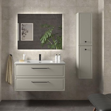 Mueble de Baño RUNA 100cm Gris mate 2 cajones Lavabo 1 poza Porcelana (1/5)