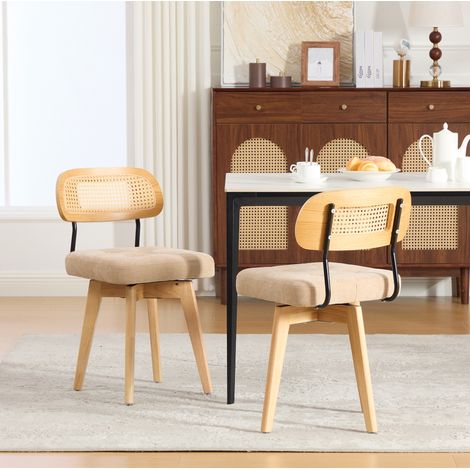 Set de 2 sillas de comedor giratorias 360° con respaldo de ratán y asiento de chenilla caqui OKWISH (1/5)
