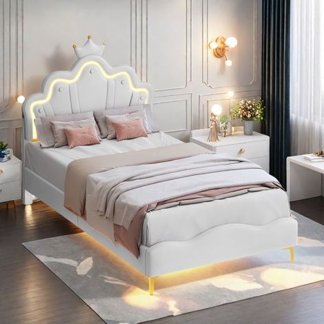 Hochwertiges gepolstertes Bett, Einzelbett 90x200 cm, Kopfteil mit Krone und LED-Beleuchtung, Metallfüße, Lattenrost, weiß