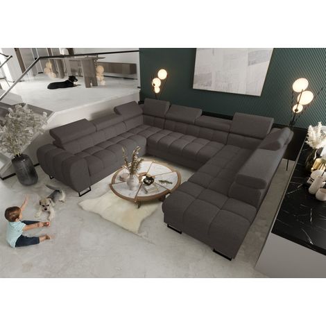 Wohnlandschaft Schlafsofa BASTIEN XL in Stoff Aragon Dunkelgrau Ottomane Rechts