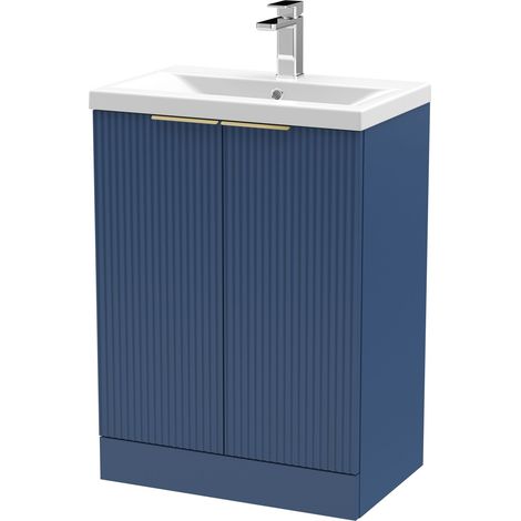 Fluted Front Floor Standing 2 Soft Close Door Bathroom Vanity Unit with 1 Tap Hole Basin, 600mm, Satin Blue, Brushed Brass Handles (1/5)