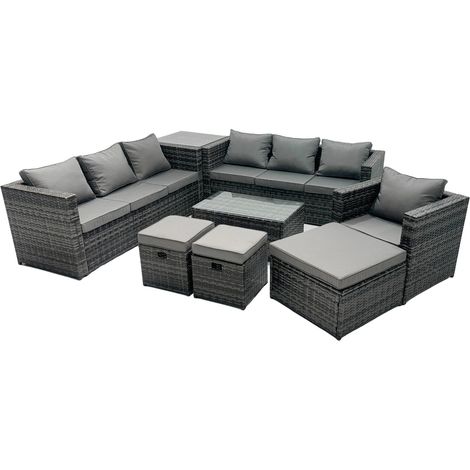 Fimous Rattan Garden Furniture Dining Set 10-seater Patio Coffee Table Sofa Set with 3 Stools Side Table Dark Grey Mixed (1/4)