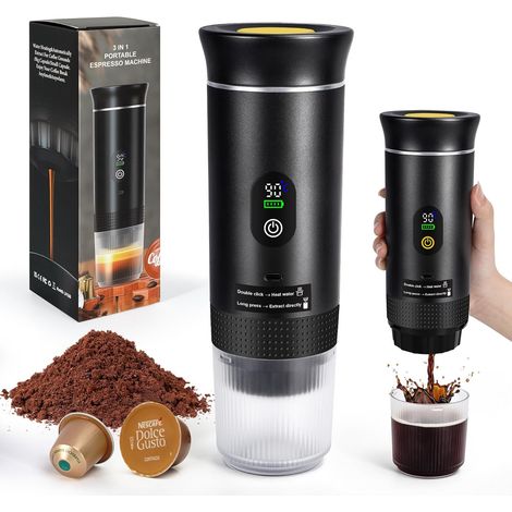 Machine à café portable machine à expresso de camping, machine à café à capsules Expresso Cafetière Rechargeable Chauffage Rapide, compatible avec café moulu et capsules de café, Noir (1/5)