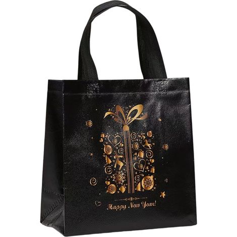 Sac Cadeau Noël - Sac Réutilisable en Tissu Non Tissé Noir avec Motif Doré - Pour Emballage Cadeaux Fêtes - 23 x 11 x 22 cm - 1 Pièce (1/5)