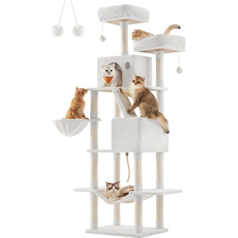 Feandrea – Arbre à chat multi-niveaux 206 cm – 13 griffoirs, 2 niches, 2 plate-formes, panier, hamac – Tissu peluche, blanc crème
