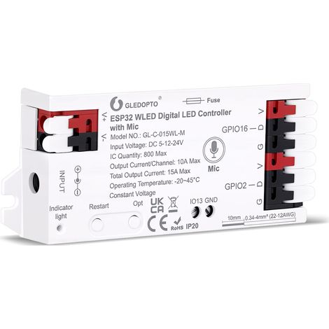 WLED Controller ESP32 5-24V RGB dinamico fai da te, controllo cablato semplice, FCOB, striscia LED indirizzabile per WS2811 2812B 2813 2814 2815/GS8208/SM16703P SK6812/TM1814 [Classe energetica G]