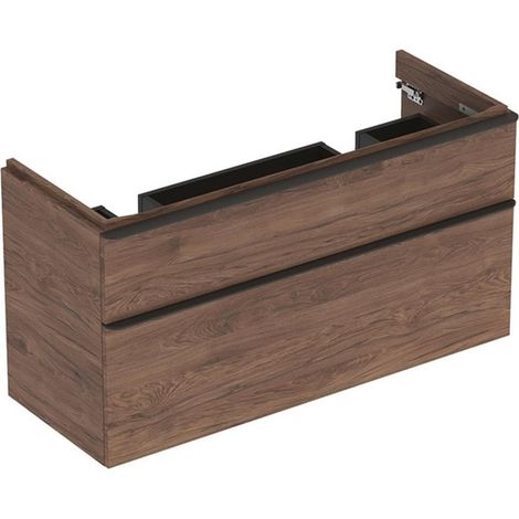 Meuble bas Geberit Smyle Square pour lavabo double,avec deux tiroirs: Largeur 118.4cm, Hauteur 61.7cm, Profondeur 47cm, Noyer Carya/mélamine structuré bois, gris velouté / thermopoudré mat