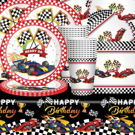 Lot de 61 pièces de vaisselle noire pour fête de course, thème sportif, décoration de fête d'anniversaire, table à manger, pelle en papier, serviettes, carton, pour 20 invités (1/5)