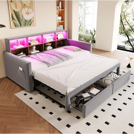 REDOM - Letto estraibile 90x190 cm con testiera con vani, LED, prese, 2 cassetti, velluto grigio (Senza materasso) (1/5)