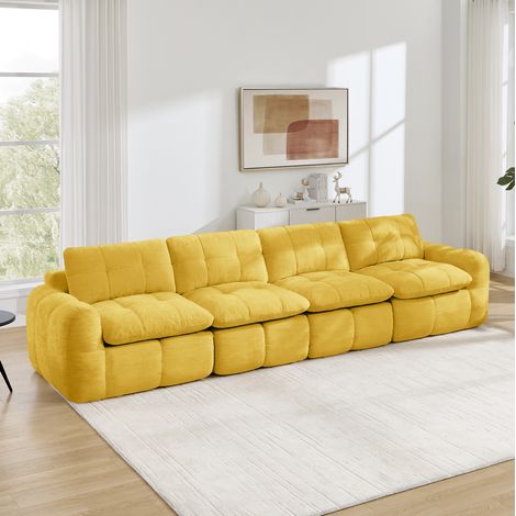 Divano modulare senza struttura 334x97x68 cm, comoda seduta profonda, in ciniglia gialla, ideale per soggiorno o studio. (1/5)