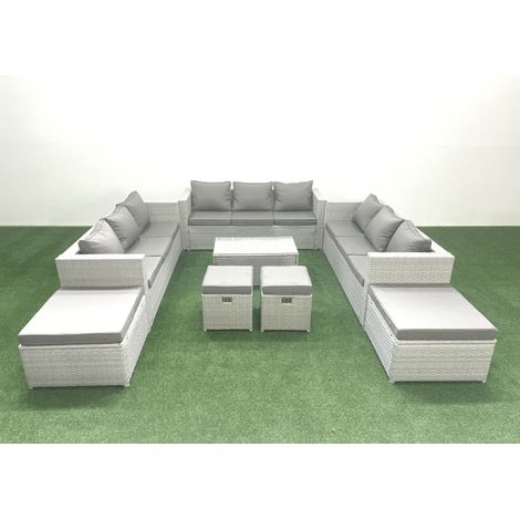 Fimous 8 Pieces Rattan Garden Furniture Set Outdoor Garden Sofa Coffee Table Set with 4 Footstools Light Grey Mixed (1/4)