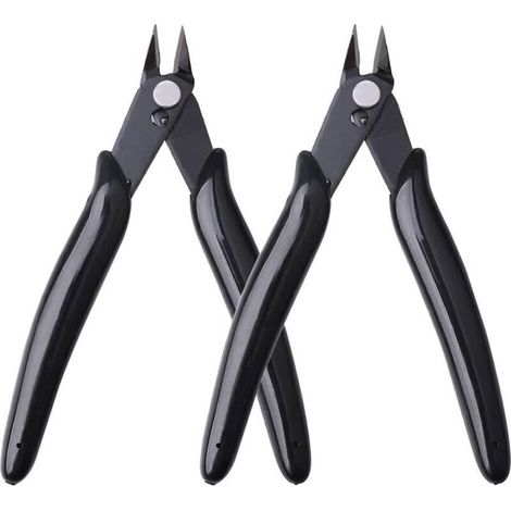 Pinze tronchesi di precisione – Confezione da 2, lama in acciaio temprato, impugnature ergonomiche nere, ideali per elettronica e gioielleria.