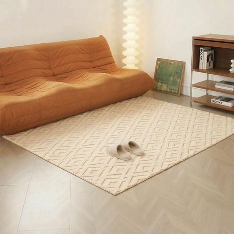 Tapis de salon lavable, avec structure en relief 3D, à poils courts modernes avec motif losanges, pliable et lavable en machine, antidérapant, doux, pour chambre à coucher et couloir (beige (1/5)
