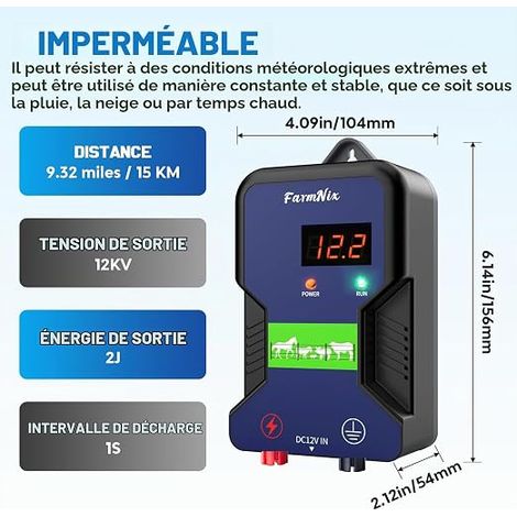ClôTure éLectrique Pour Animaux, 15KM À affichage LED 2 Joule 12kV  alimentation électrique de clôture de branchement pour la prévention de la faune, ferme, volaille, jardin (1/4)