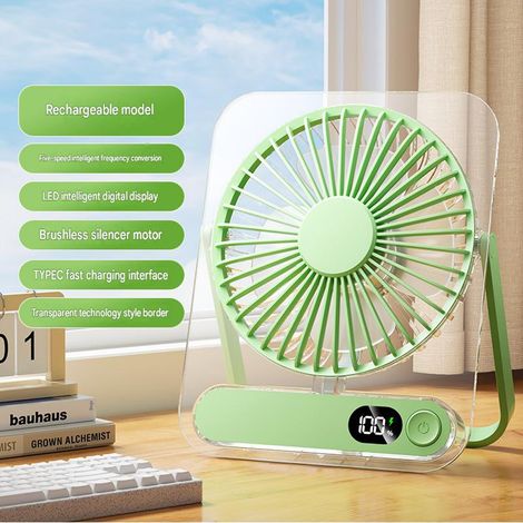 Mini Ventilateur de Bureau USB Rechargeable H8 – Ventilateur Portable Transparent Haute Vitesse Silencieux Ultra Fin pour Maison, Bureau et Ordinateur 1 Pièce, Vert (1/4)